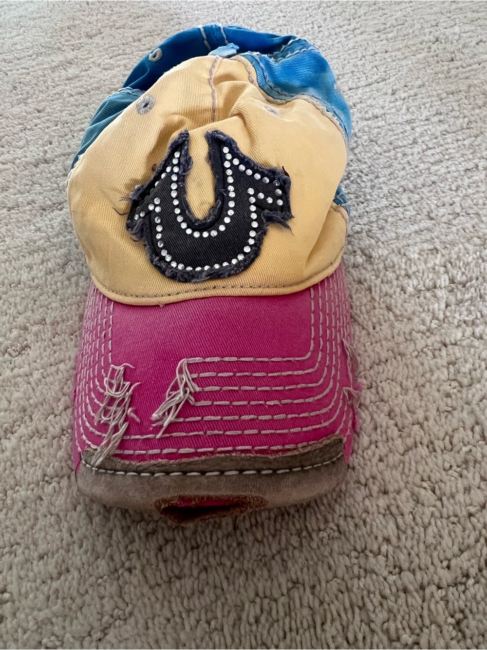 True Religion Colorblock Distressed Cap - Pink, Yellow, Blue